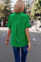 V Neck Button Down Roll Up Sleeve Loose Pocket Blouse | Mixtshop LLC