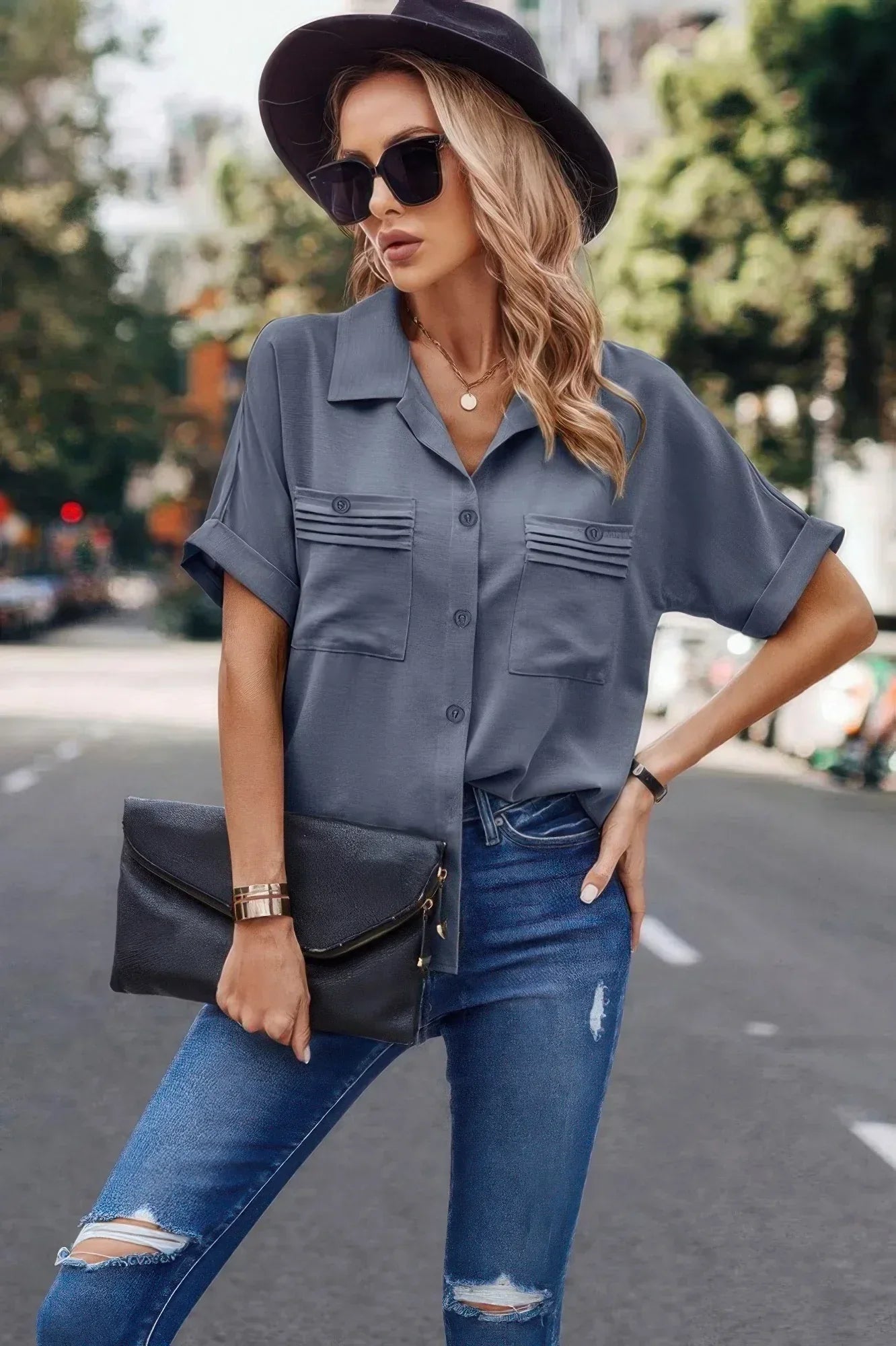 V Neck Button Down Roll Up Sleeve Loose Pocket Blouse | Mixtshop LLC