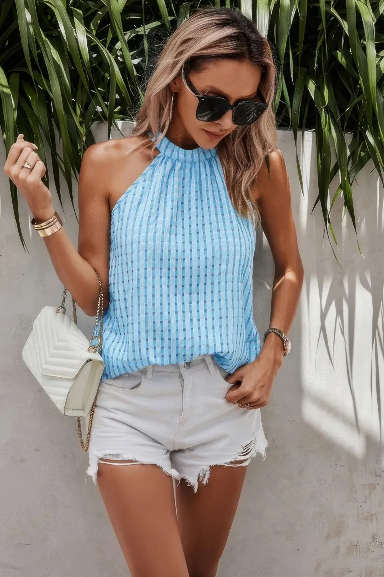 Tartan Halter Sleeveless Cut Out Back Loose Shirt | Mixtshop LLC