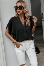 Notched Neck Solid Loose Fit Half Sleeve Blouse | Mixtshop LLC