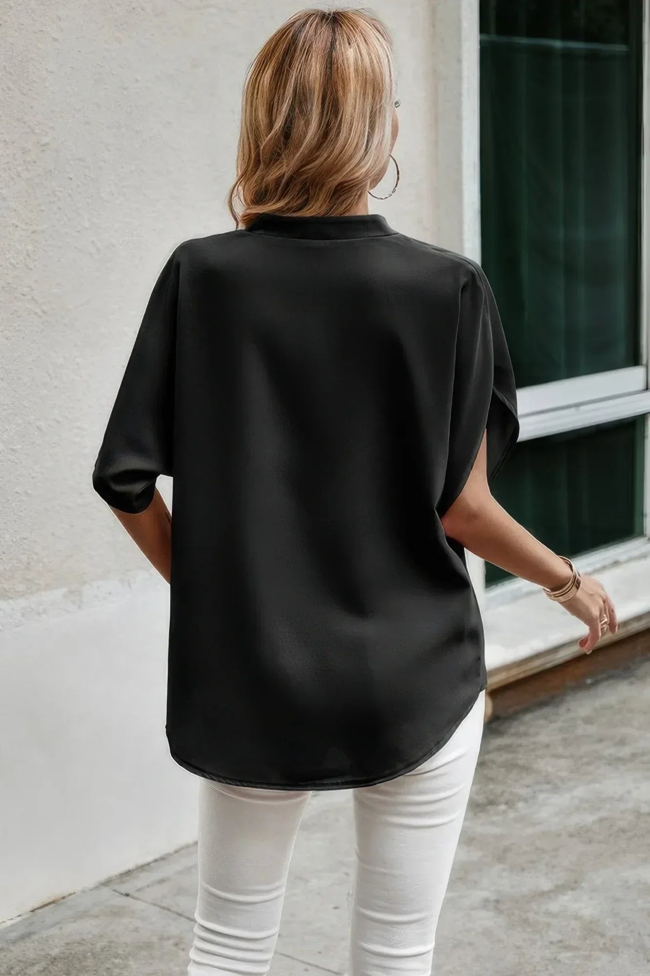 Notched Neck Solid Loose Fit Half Sleeve Blouse | Mixtshop LLC