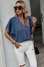 Notched Neck Solid Loose Fit Half Sleeve Blouse | Mixtshop LLC