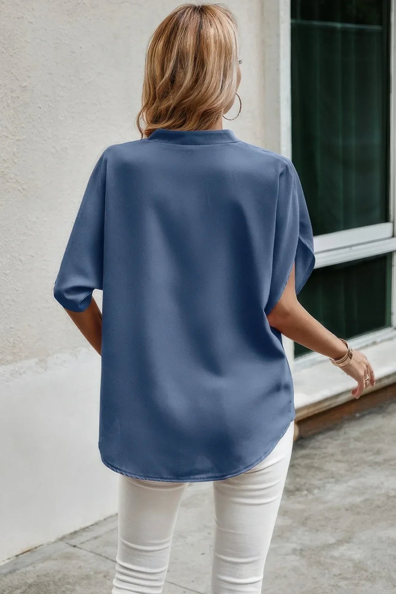 Notched Neck Solid Loose Fit Half Sleeve Blouse | Mixtshop LLC