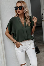 Notched Neck Solid Loose Fit Half Sleeve Blouse | Mixtshop LLC