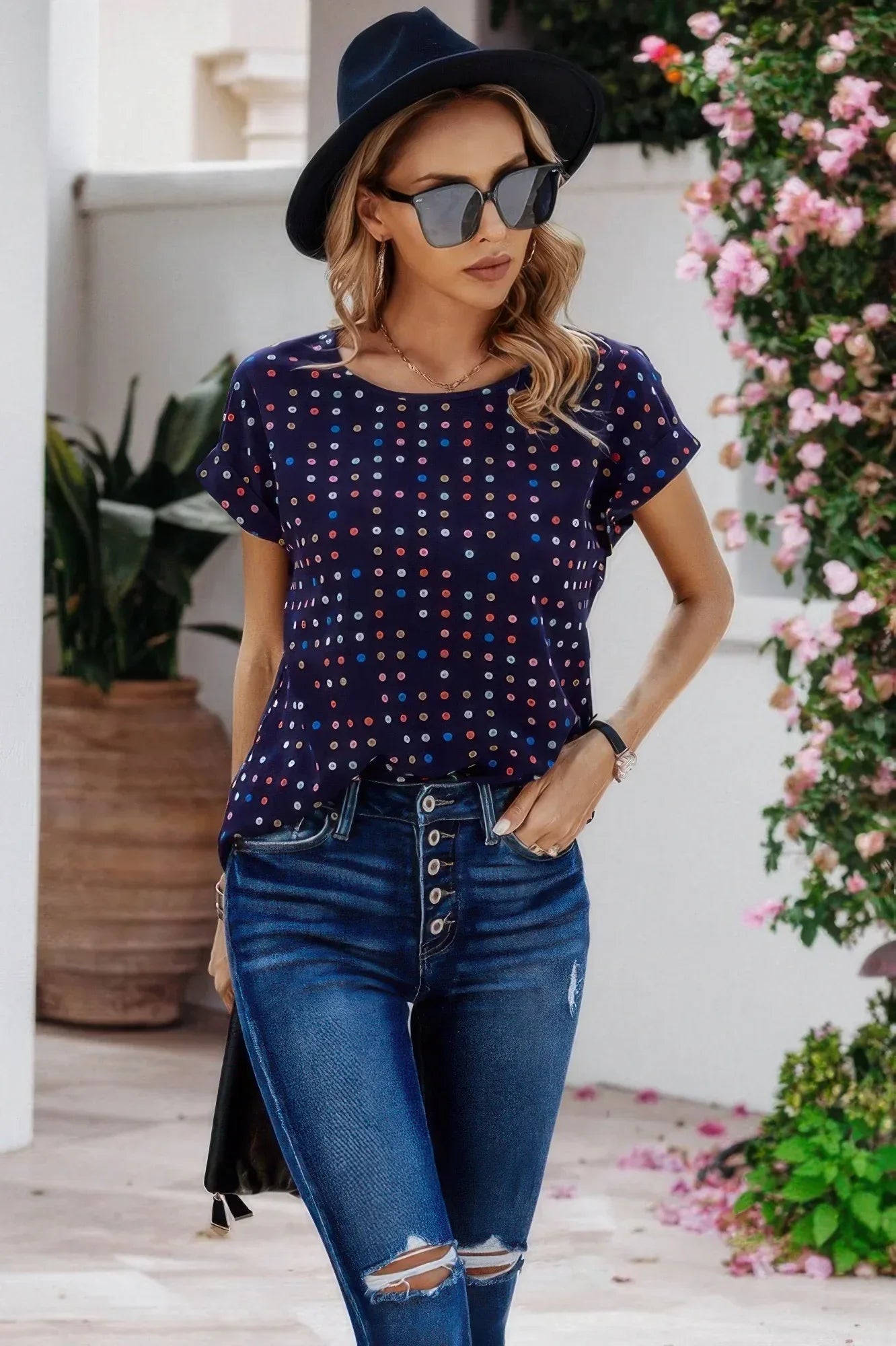 Scoop Neck Polka Dot Batwing Sleeve Blouse | Mixtshop LLC Main image