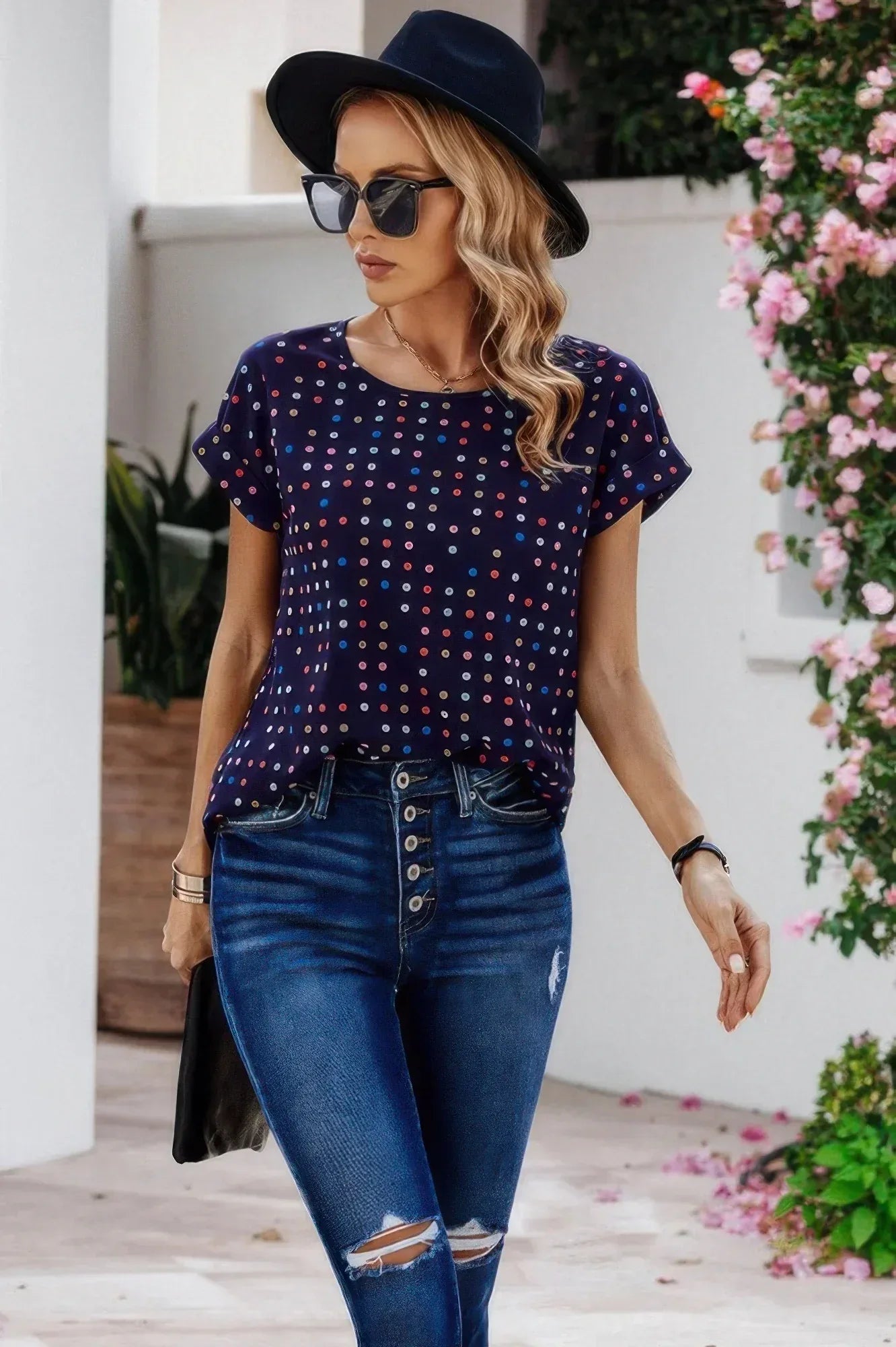 Scoop Neck Polka Dot Batwing Sleeve Blouse | Mixtshop LLC