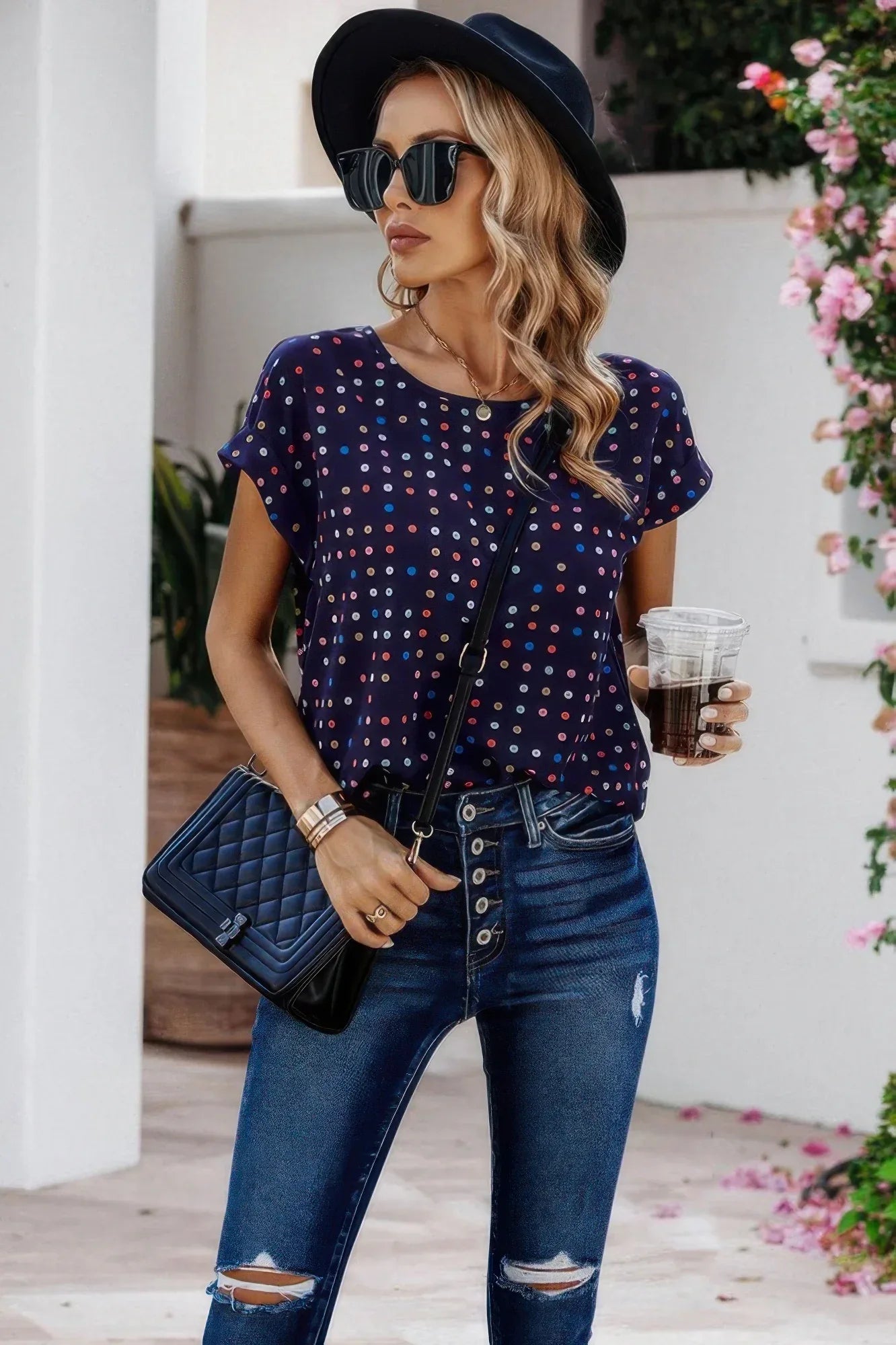 Scoop Neck Polka Dot Batwing Sleeve Blouse | Mixtshop LLC