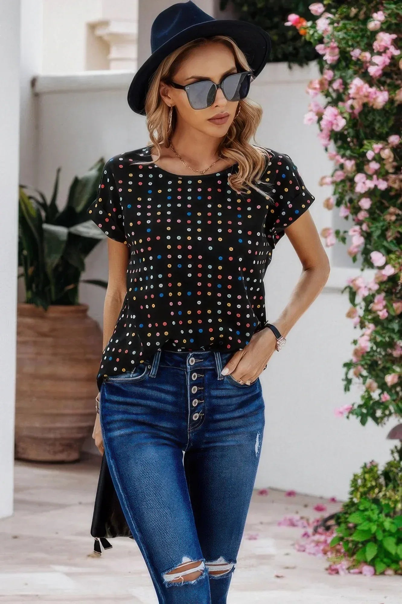 Scoop Neck Polka Dot Batwing Sleeve Blouse | Mixtshop LLC