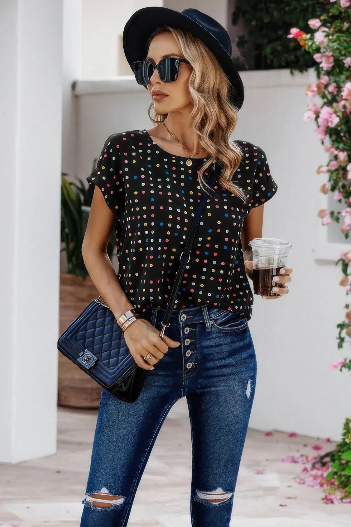 Scoop Neck Polka Dot Batwing Sleeve Blouse | Mixtshop LLC