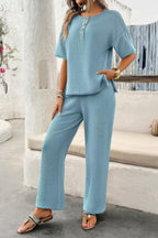 Two Pieces Outfits Knitted Crew Neck Button Set | Mixtshop LLC