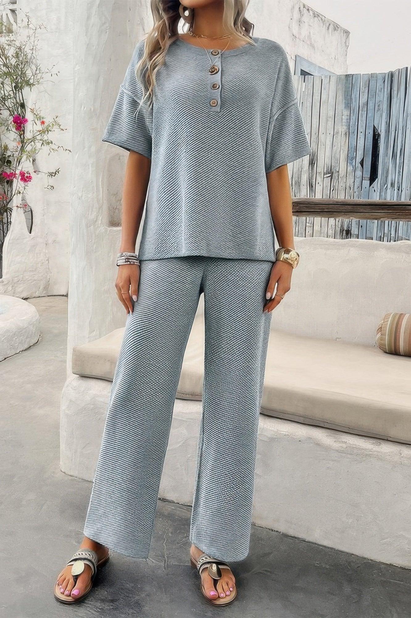 Two Pieces Outfits Knitted Crew Neck Button Set | Mixtshop LLC