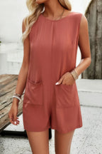 Solid Crewneck Sleeveless Loose Pockets Romper | Mixtshop LLC