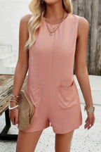 Solid Crewneck Sleeveless Loose Pockets Romper | Mixtshop LLC