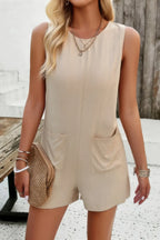 Solid Crewneck Sleeveless Loose Pockets Romper | Mixtshop LLC