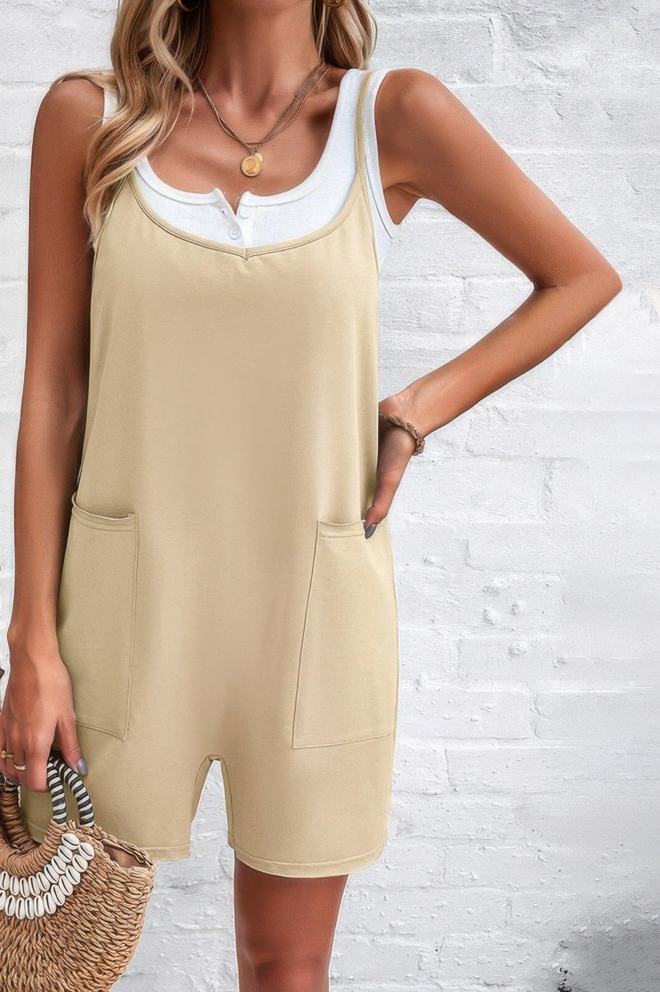 Scoop Neck Spaghetti Straps Loose Fit Solid Romper | Mixtshop LLC