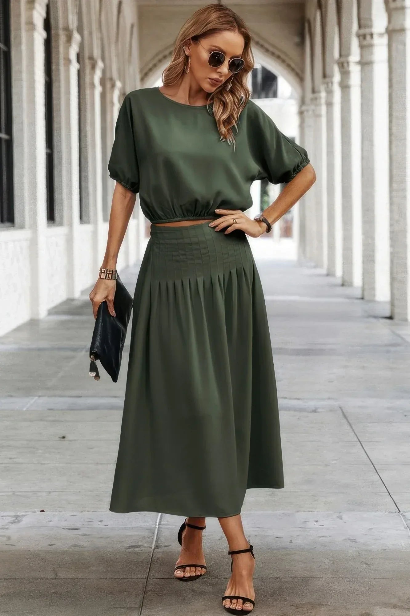 Two Pieces Solid Color Loose Puff Sleeve Pleated Shirt Secondary image