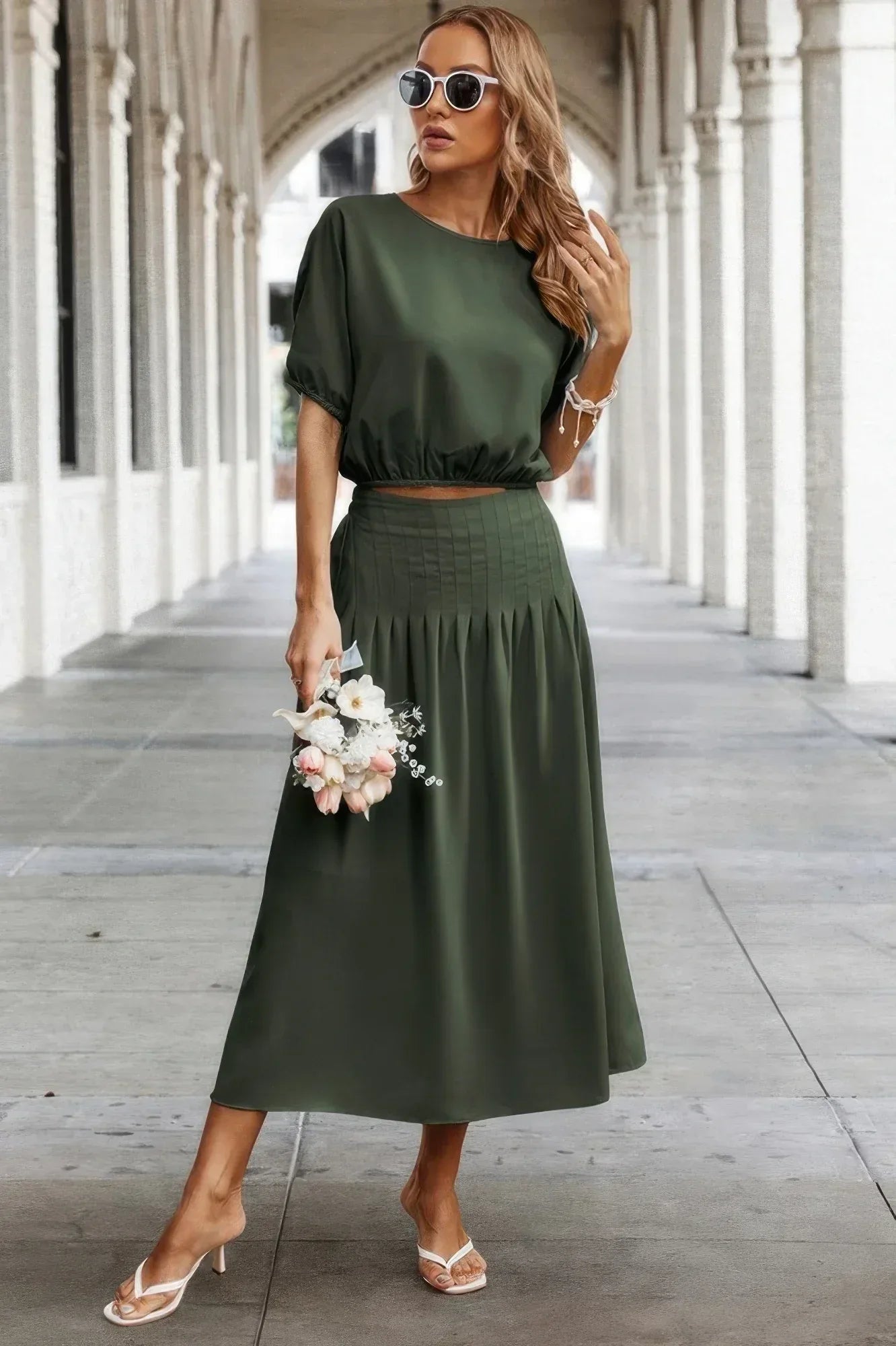 Two Pieces Solid Color Loose Puff Sleeve Pleated Shirt | Mixtshop LLC
