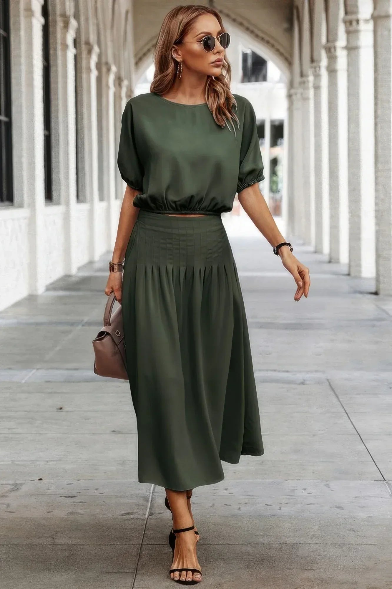 Two Pieces Solid Color Loose Puff Sleeve Pleated Shirt | Mixtshop LLC