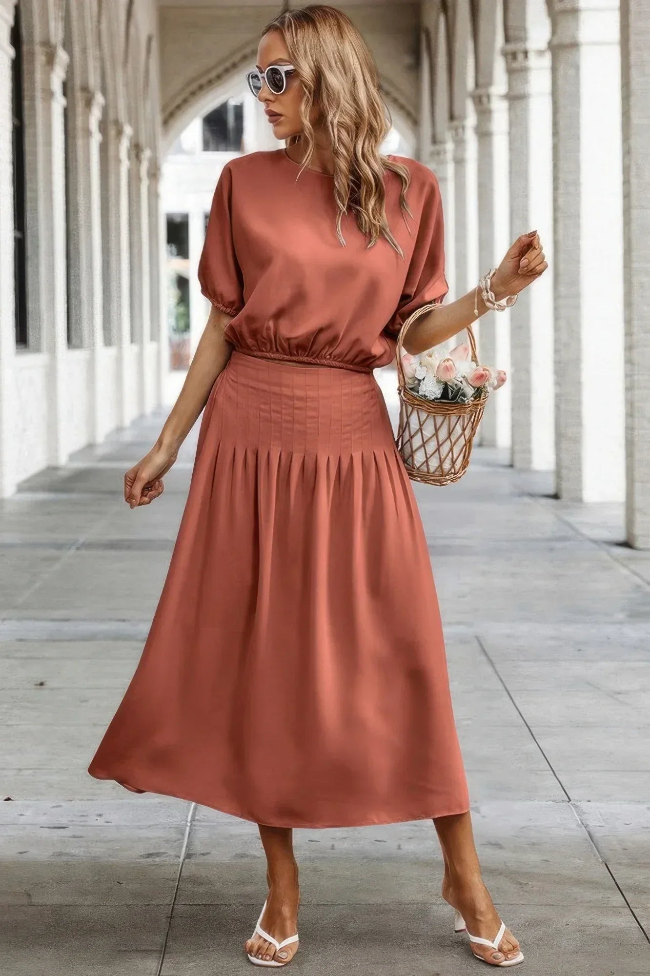 Two Pieces Solid Color Loose Puff Sleeve Pleated Shirt | Mixtshop LLC