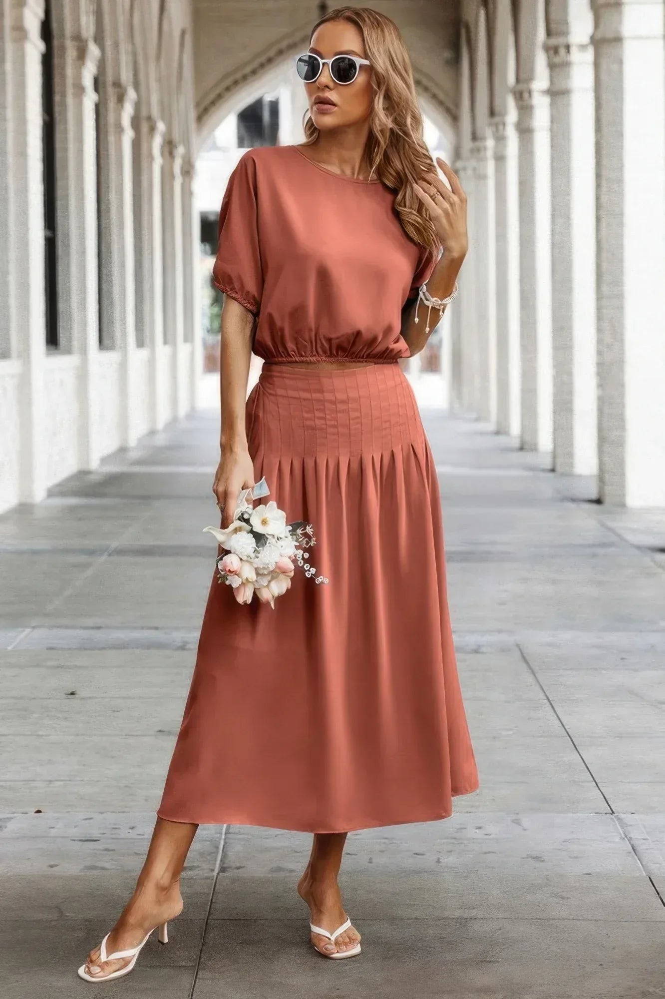 Two Pieces Solid Color Loose Puff Sleeve Pleated Shirt | Mixtshop LLC