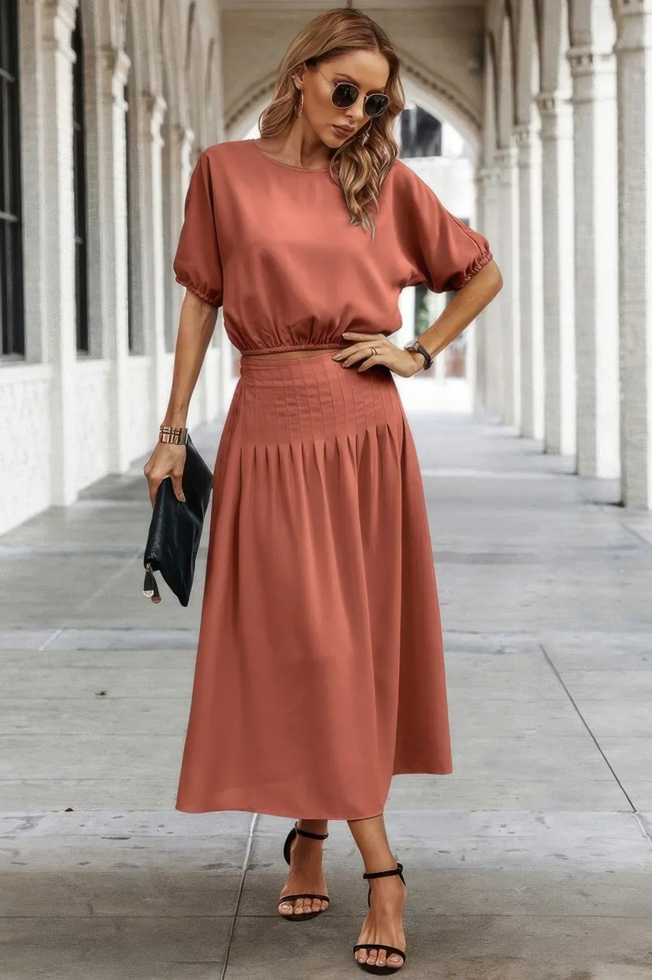 Two Pieces Solid Color Loose Puff Sleeve Pleated Shirt | Mixtshop LLC