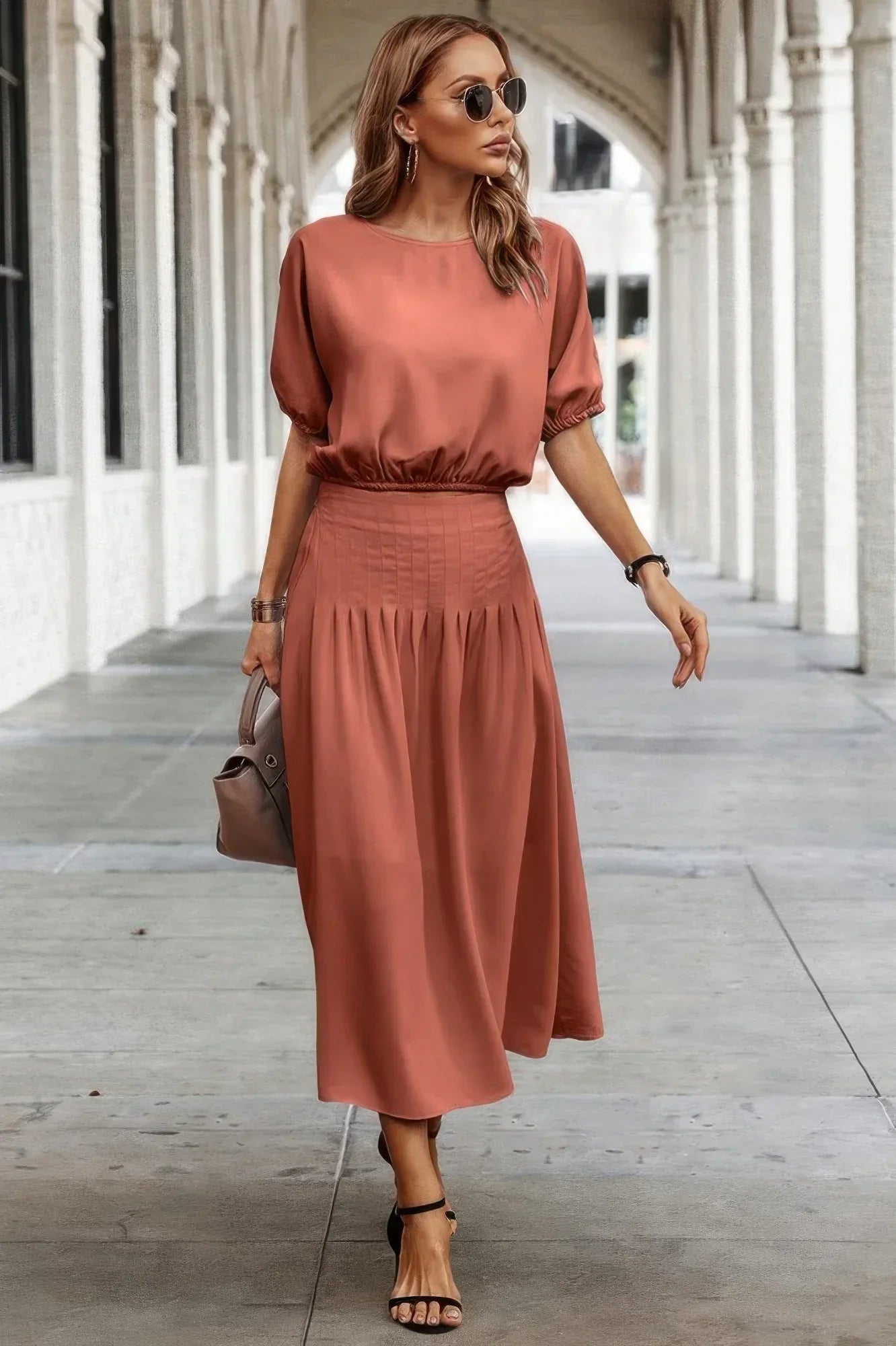 Two Pieces Solid Color Loose Puff Sleeve Pleated Shirt | Mixtshop LLC
