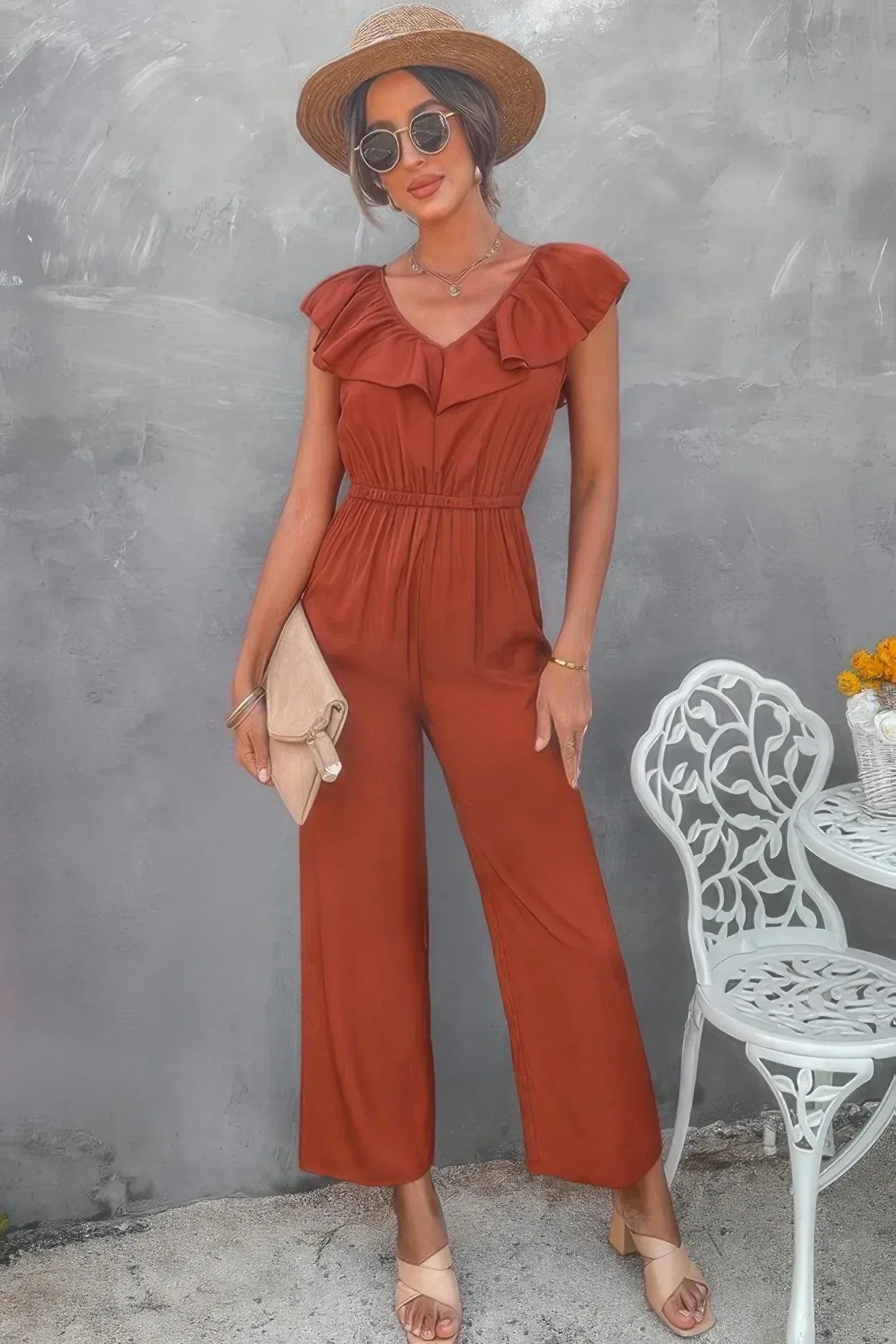 Solid Ruffle Trim V Neck Fit Jumpsuit | Mixtshop LLC Main image