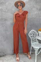 Solid Ruffle Trim V Neck Fit Jumpsuit | Mixtshop LLC
