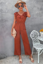 Solid Ruffle Trim V Neck Fit Jumpsuit | Mixtshop LLC