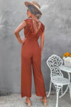 Solid Ruffle Trim V Neck Fit Jumpsuit | Mixtshop LLC