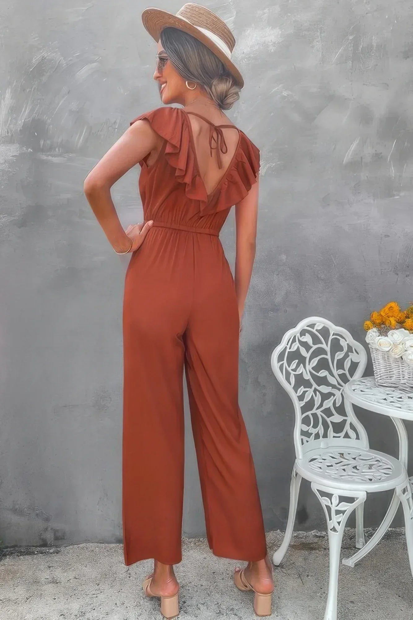 Solid Ruffle Trim V Neck Fit Jumpsuit | Mixtshop LLC