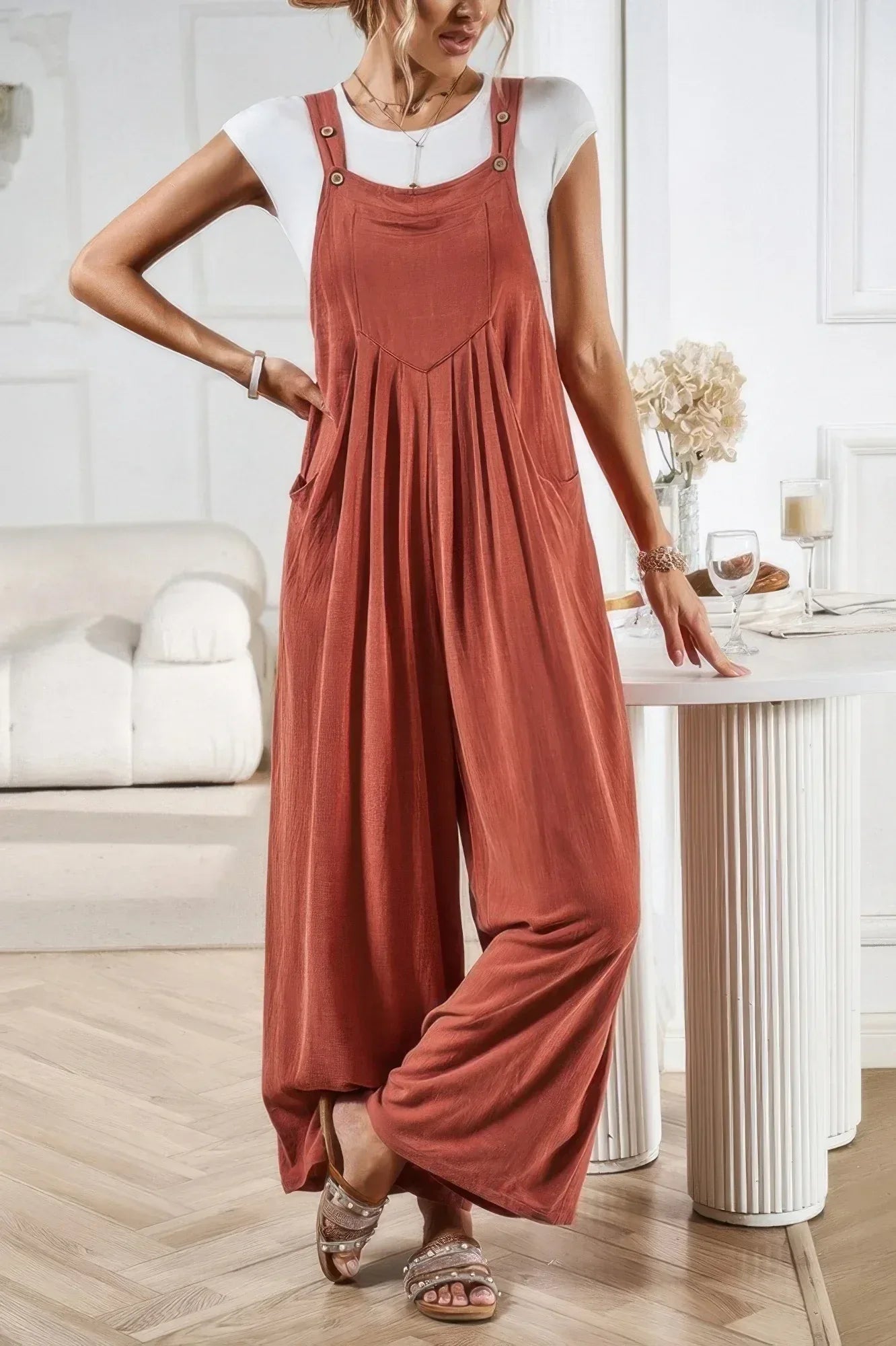Button Detail Wide Leg Overall Pockets Jumpsuit | Mixtshop LLC