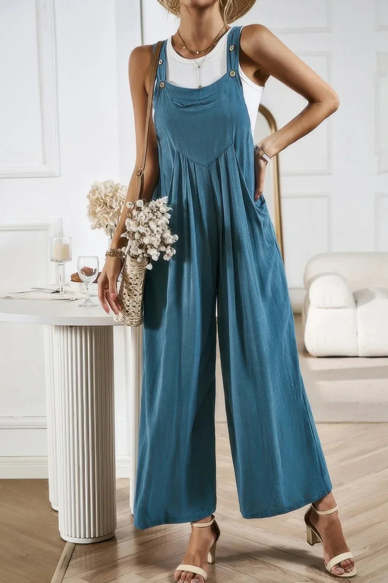 Button Detail Wide Leg Overall Pockets Jumpsuit | Mixtshop LLC