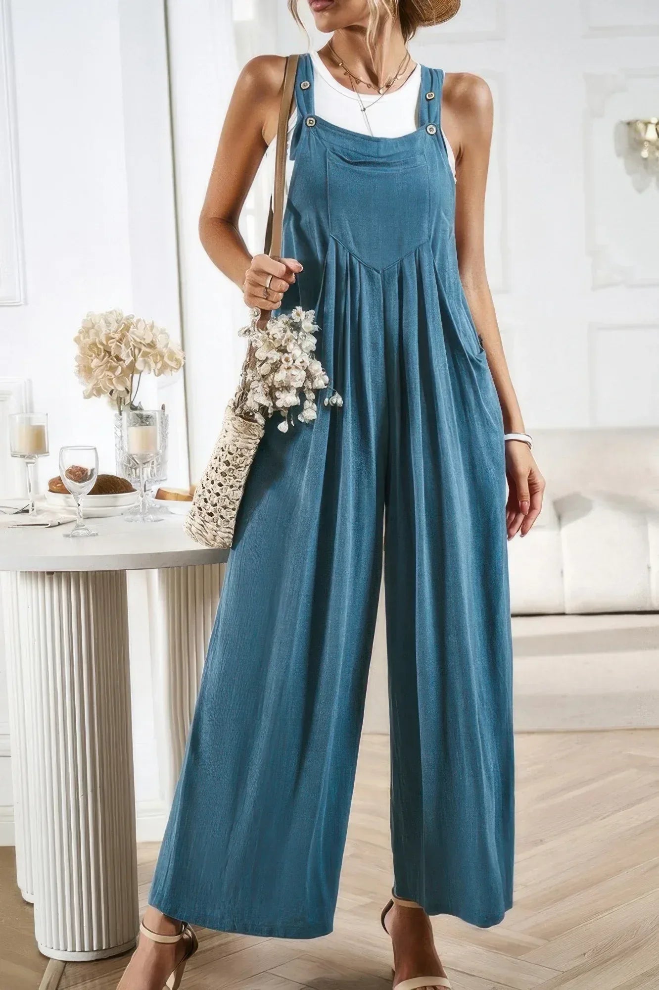 Button Detail Wide Leg Overall Pockets Jumpsuit | Mixtshop LLC