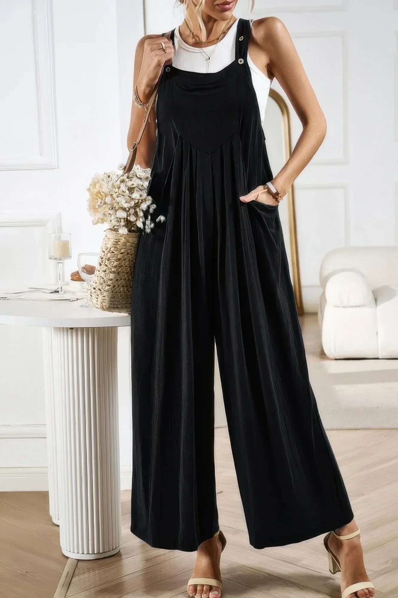 Button Detail Wide Leg Overall Pockets Jumpsuit | Mixtshop LLC