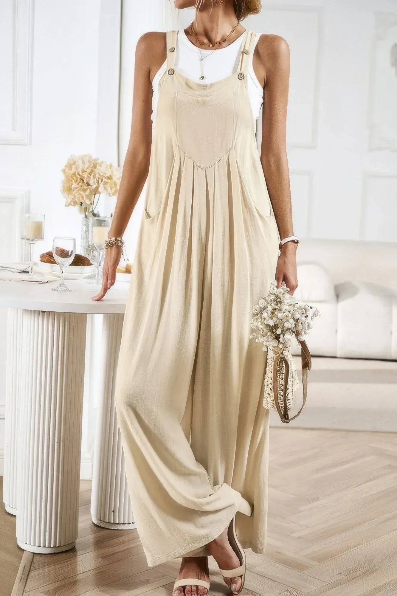 Button Detail Wide Leg Overall Pockets Jumpsuit | Mixtshop LLC