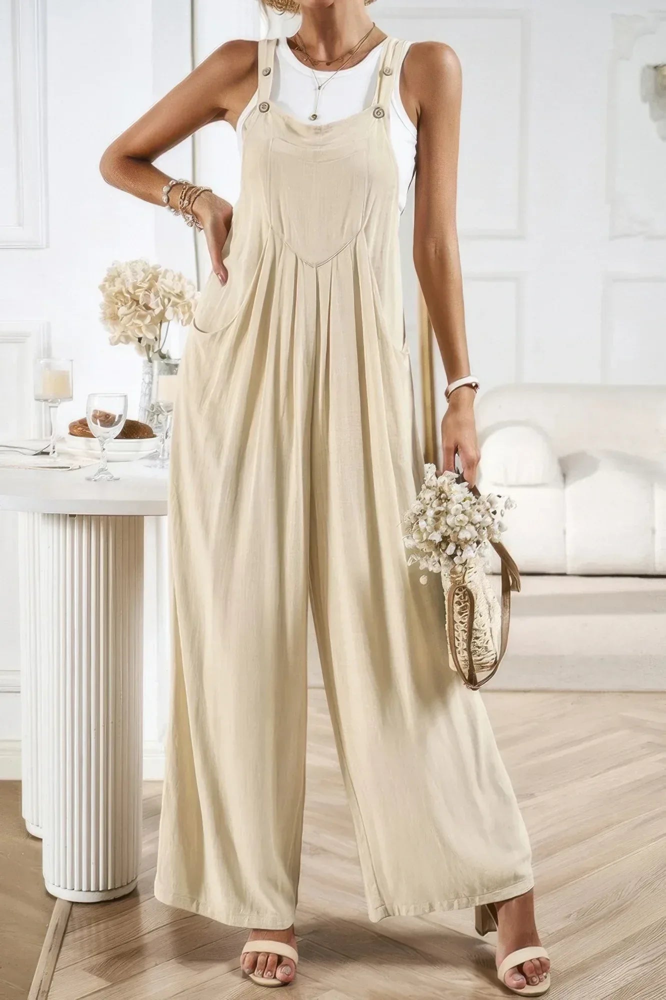 Button Detail Wide Leg Overall Pockets Jumpsuit | Mixtshop LLC