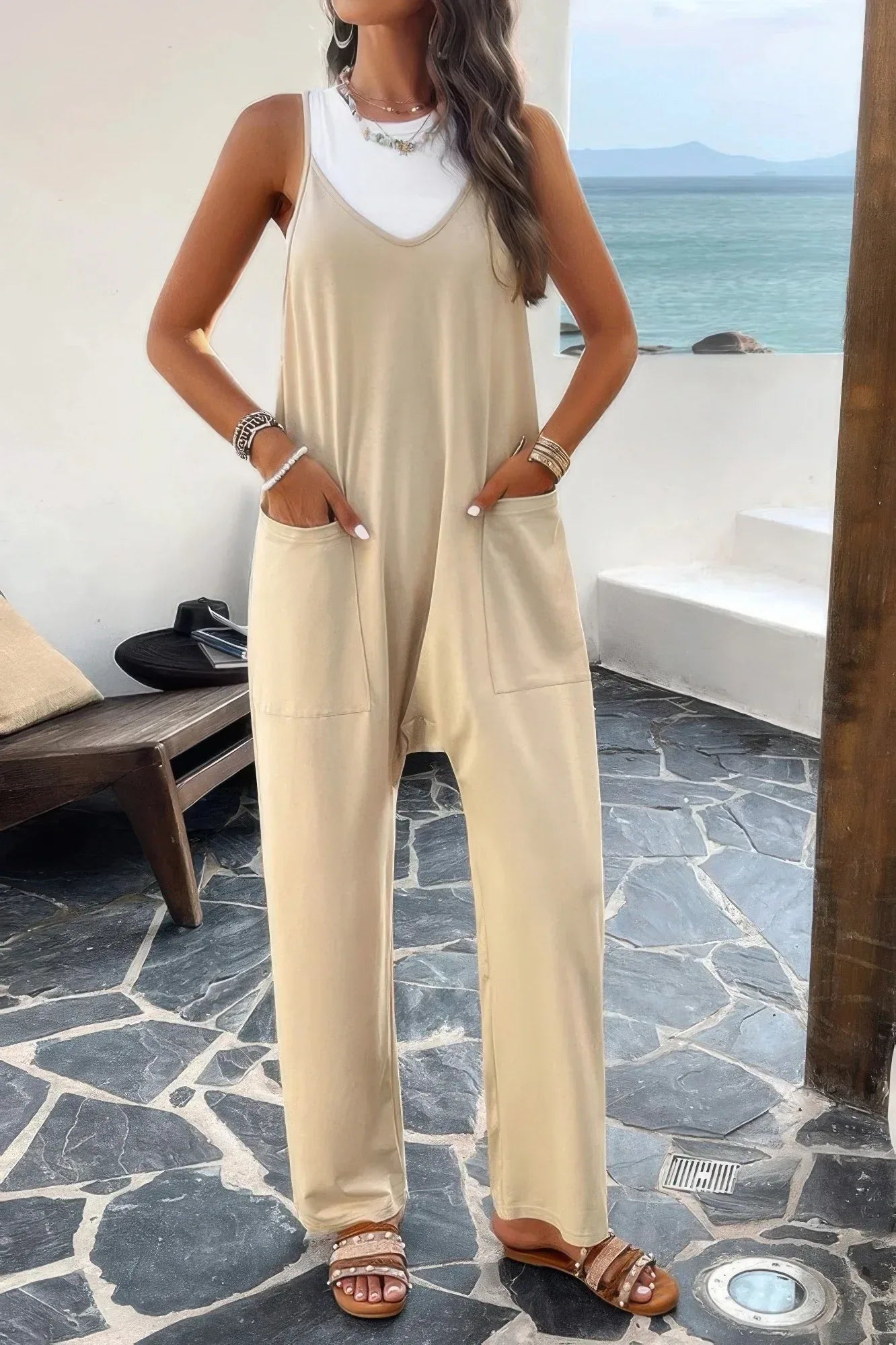 Pocketed Spaghetti Strap Loose Sleeveless Jumpsuit | Mixtshop LLC Main image