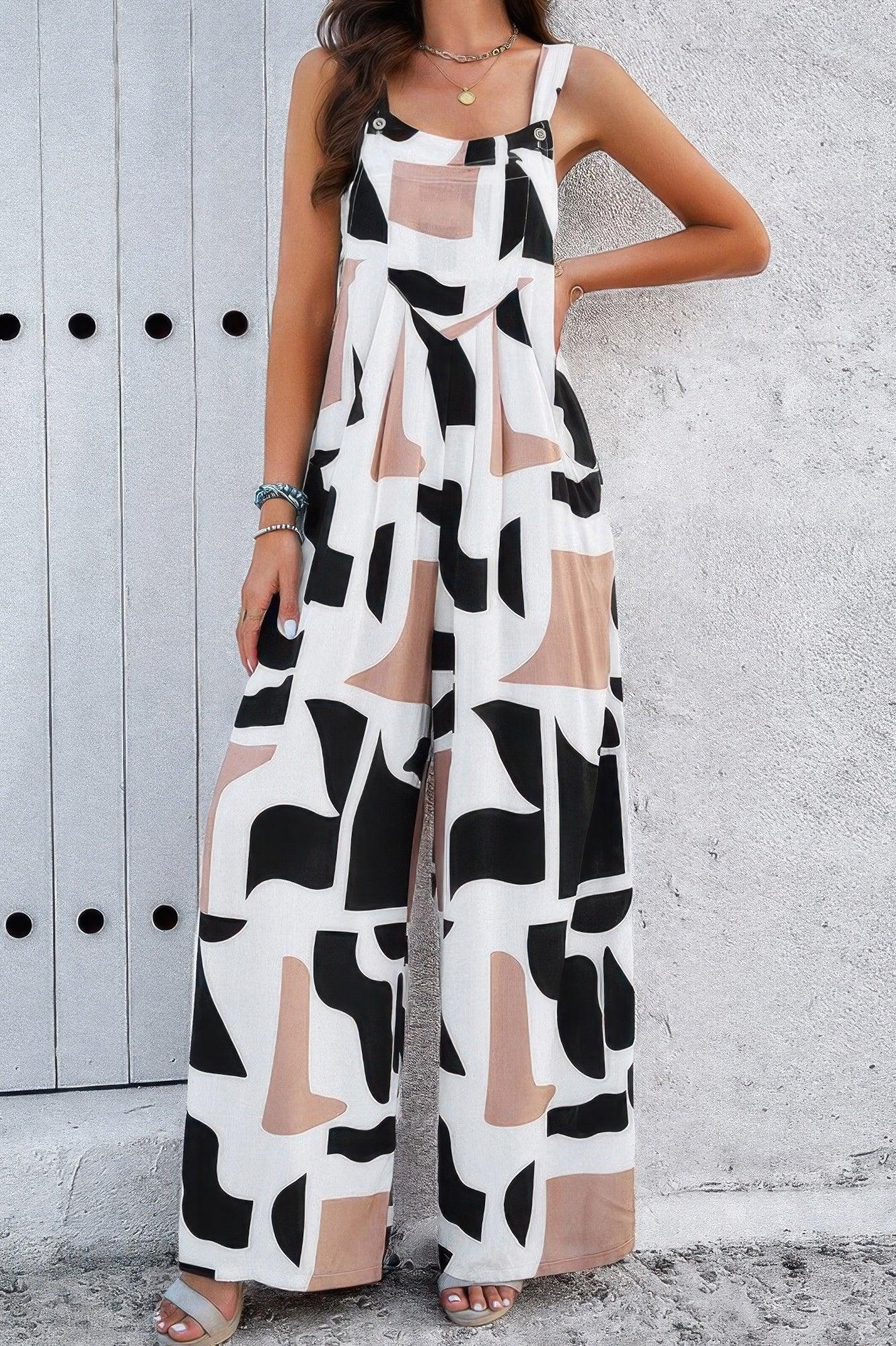 Geo Print Smocked Sleeveless Pockets Jumpsuit | Mixtshop LLC