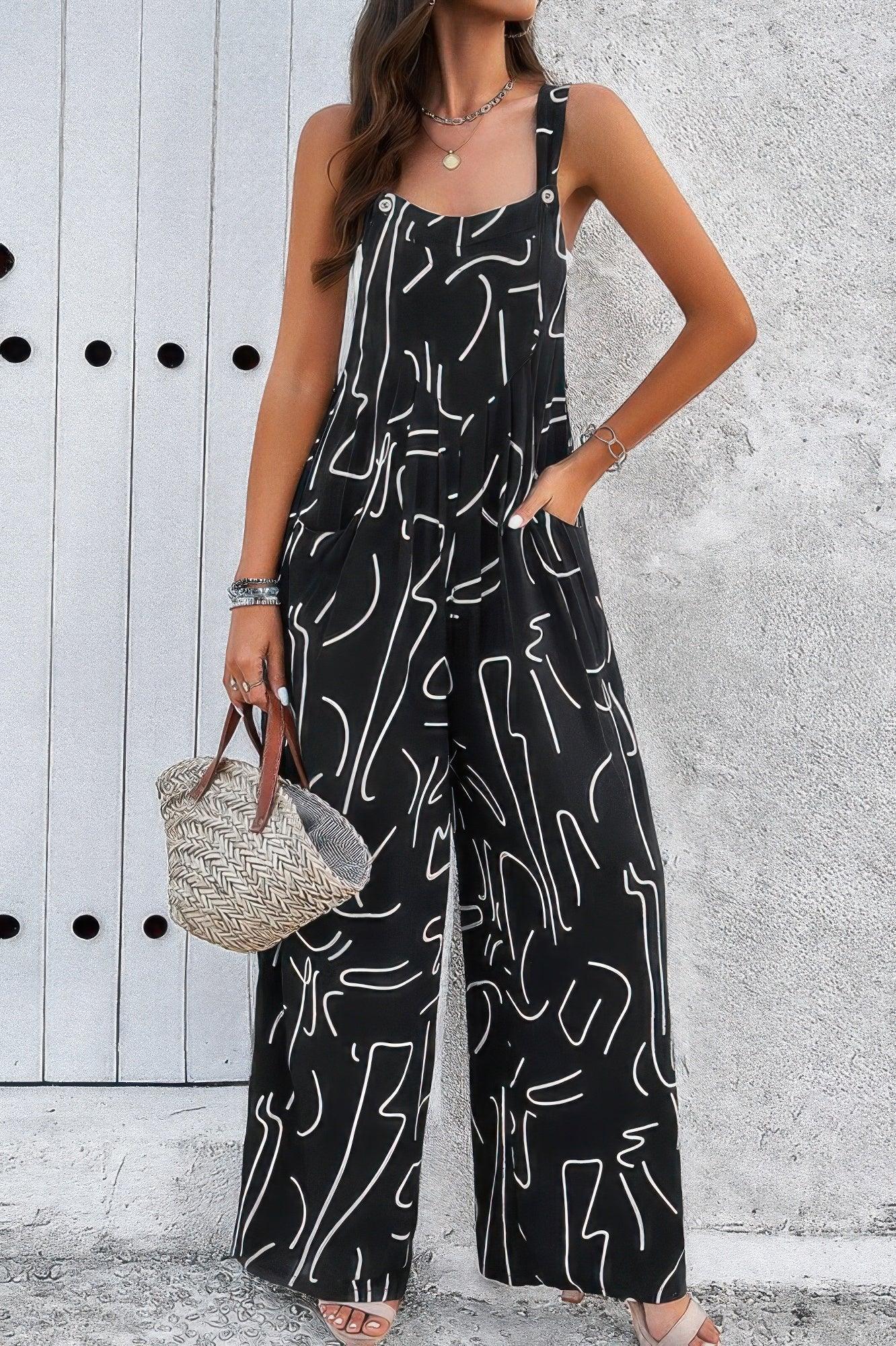 Geo Print Smocked Sleeveless Pockets Jumpsuit | Mixtshop LLC