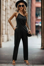 Solid One Slash Shoulder Ruched Sleeveless Jumpsuit | Mixtshop LLC