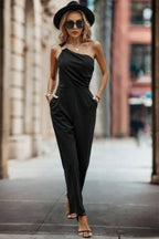 Solid One Slash Shoulder Ruched Sleeveless Jumpsuit | Mixtshop LLC