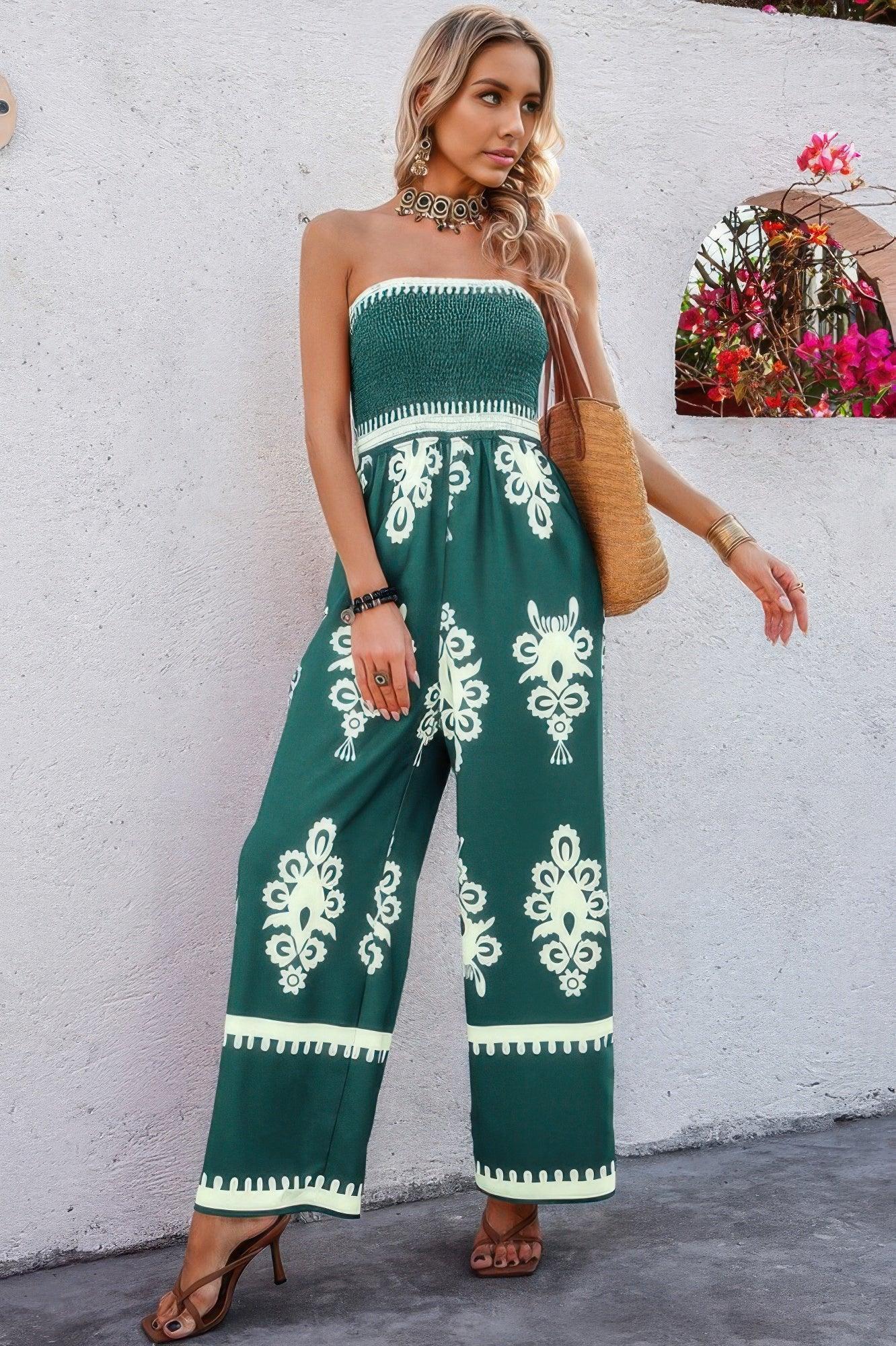 Geo Print Off Shoulder High Waist Fit Jumpsuit | Mixtshop LLC