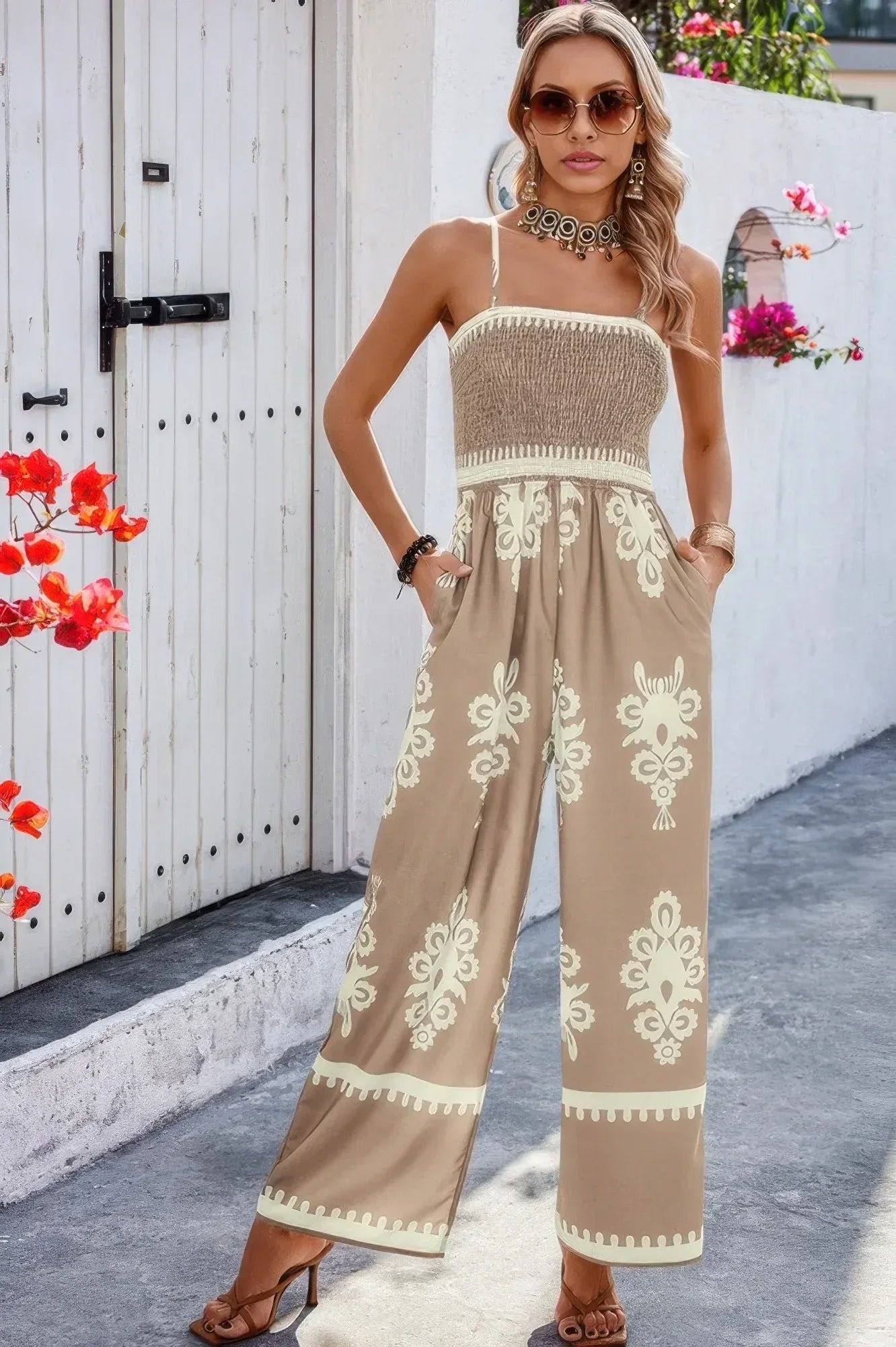 Geo Print Off Shoulder High Waist Fit Jumpsuit | Mixtshop LLC