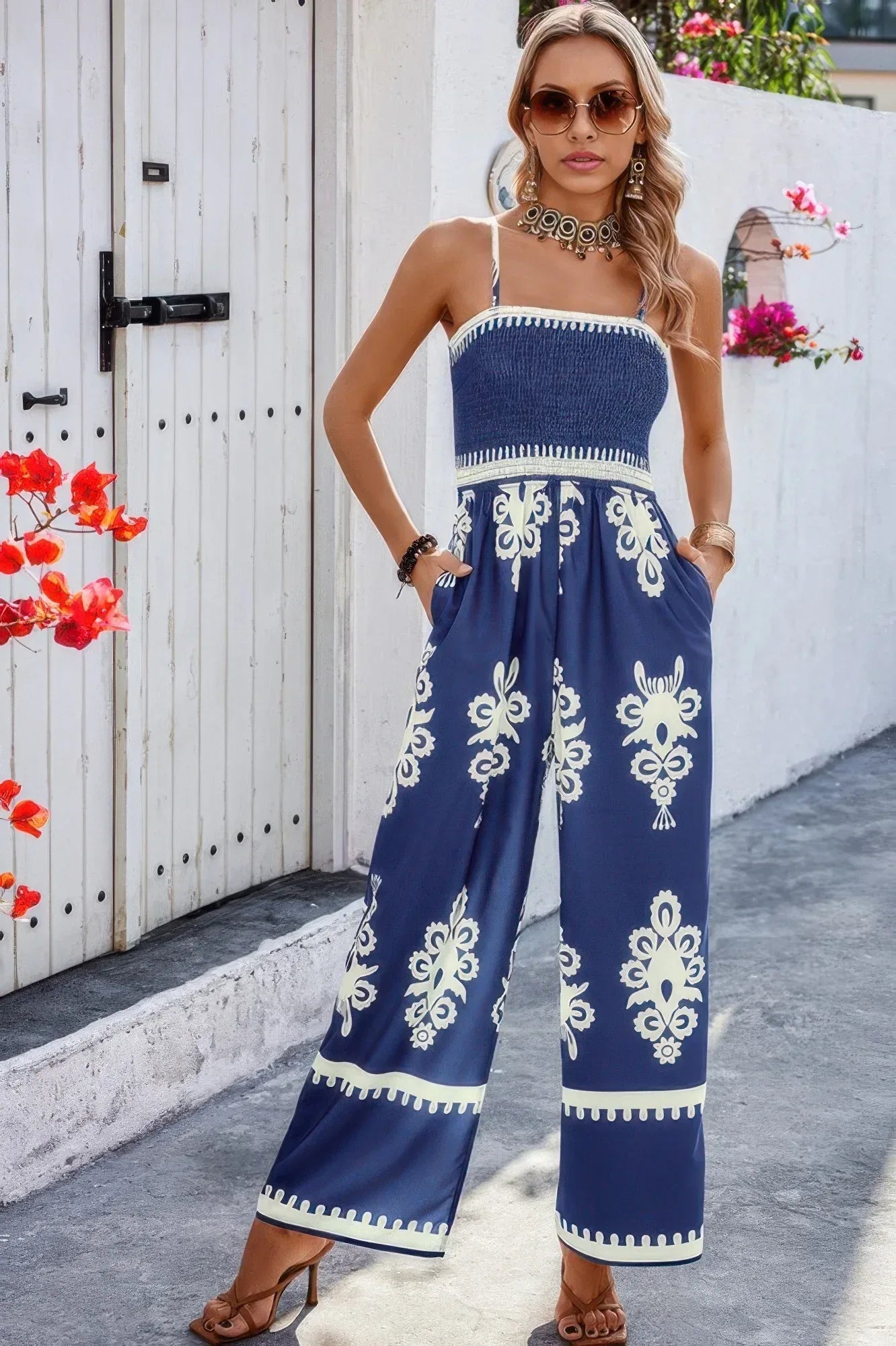 Geo Print Off Shoulder High Waist Fit Jumpsuit | Mixtshop LLC