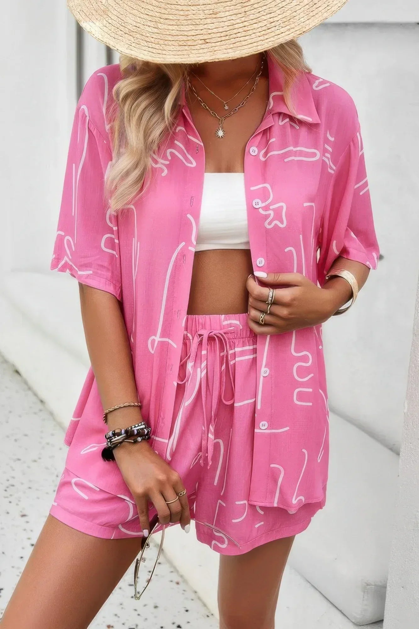 Allover Print Elastic Shorts Two Pieces Button Set | Mixtshop LLC