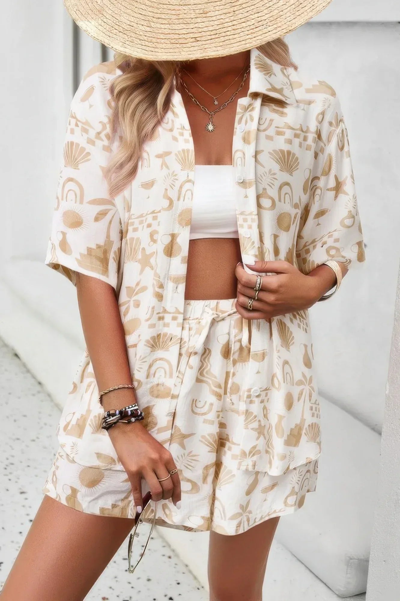 Allover Print Elastic Shorts Two Pieces Button Set | Mixtshop LLC