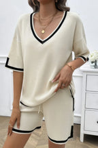 Knit Solid Deep V Neck Loose Drawstring Loose Set | Mixtshop LLC