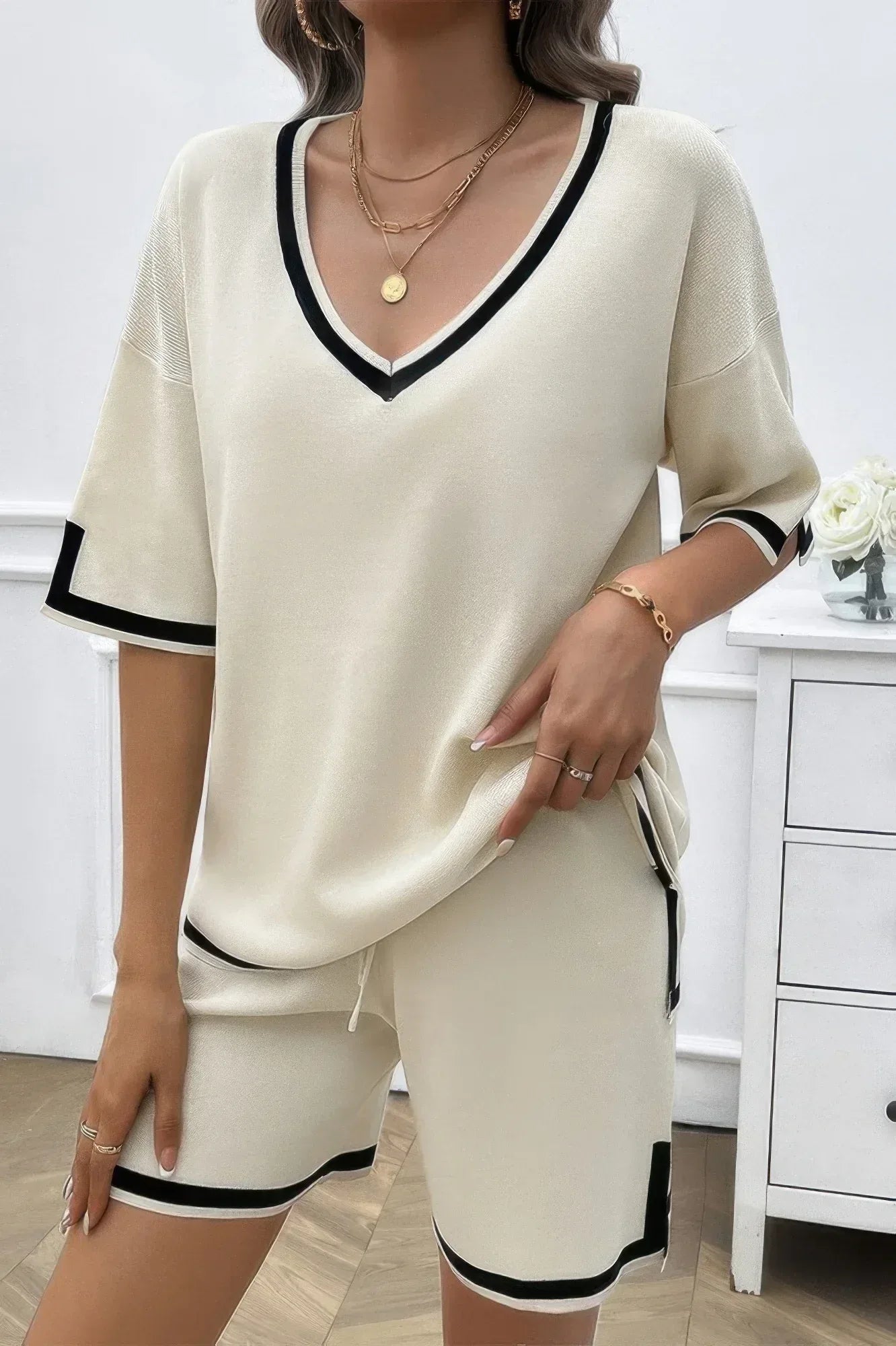 Knit Solid Deep V Neck Loose Drawstring Loose Set | Mixtshop LLC