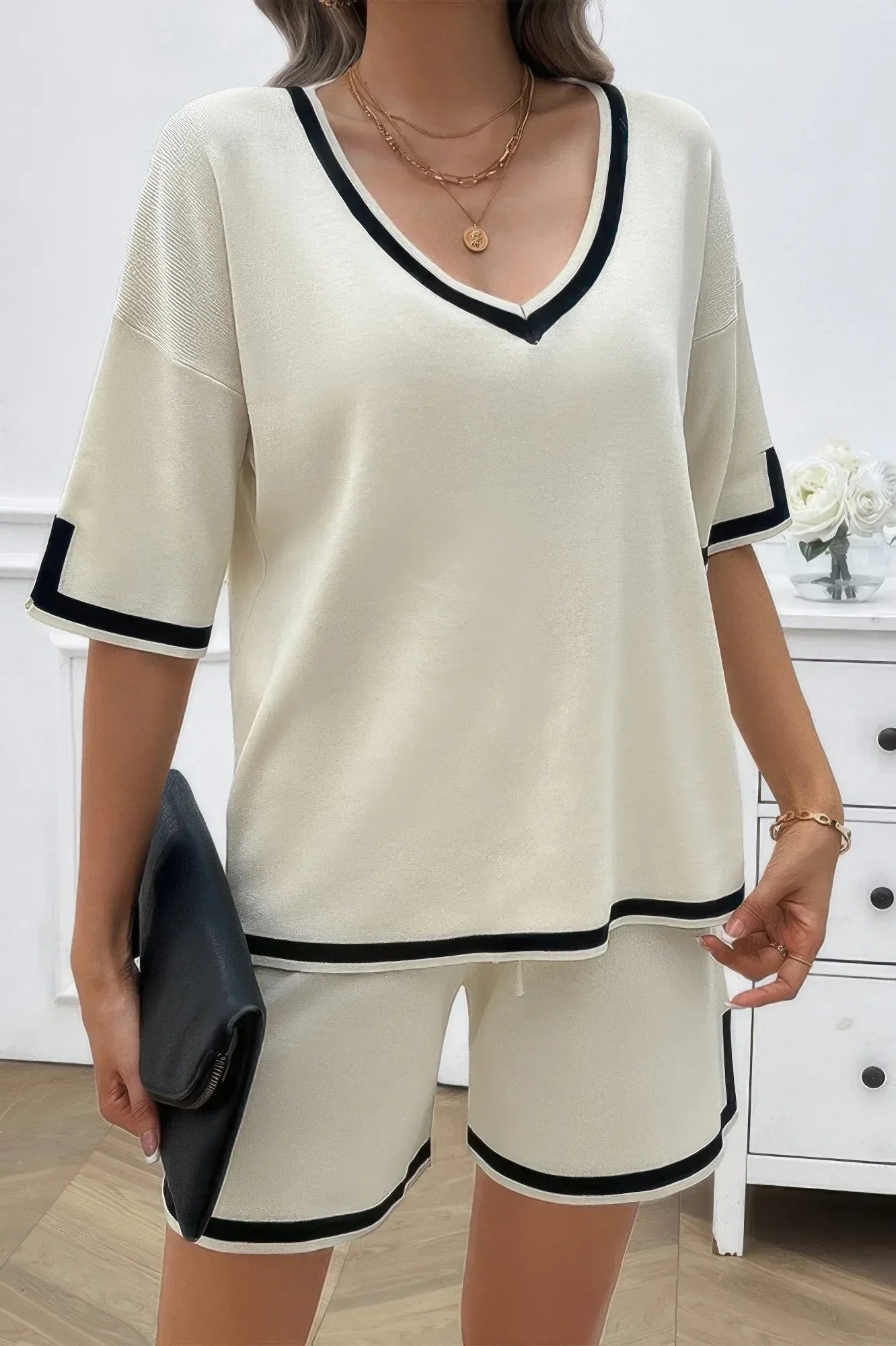 Knit Solid Deep V Neck Loose Drawstring Loose Set | Mixtshop LLC